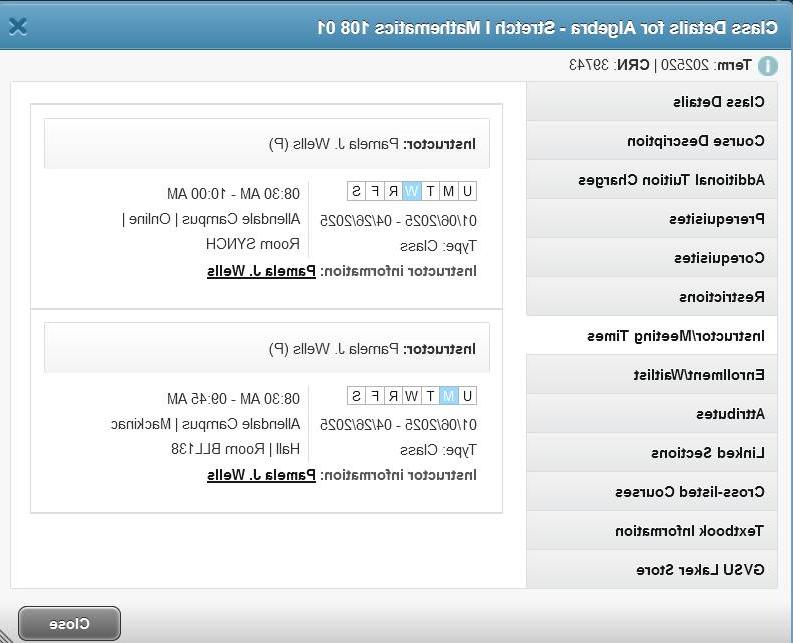 Class Details for Hybrid Synchronous Meeting Times